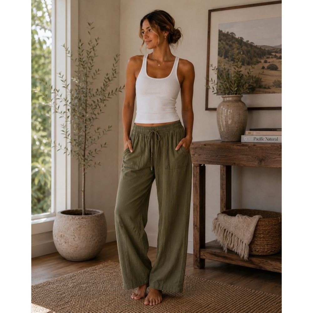 Lucky Brand Pants Womens Medium Green Linen Blend Boho Coastal